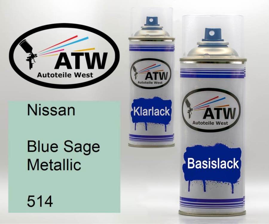 Nissan, Blue Sage Metallic, 514: 400ml Sprühdose + 400ml Klarlack - Set, von ATW Autoteile West.